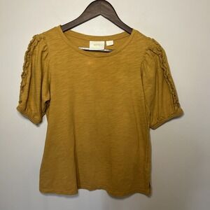 Anthropologie Maeve Mustard‎ Yellow Ruffle Short Sleeve Top Sz Small Boho